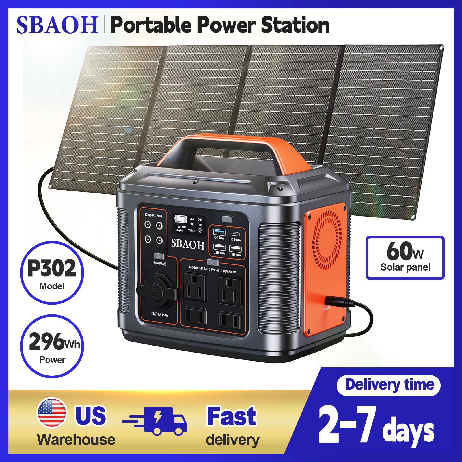 Solar Emergency Charger - 300W Portable Power Station, 296Wh 80000mAh